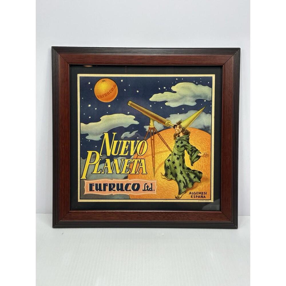 FRAMED ORIGINAL 1920 WIZARD NUEVO PLANETA BRAND ORANGE BOX‎ LABEL CERTIFICATE
